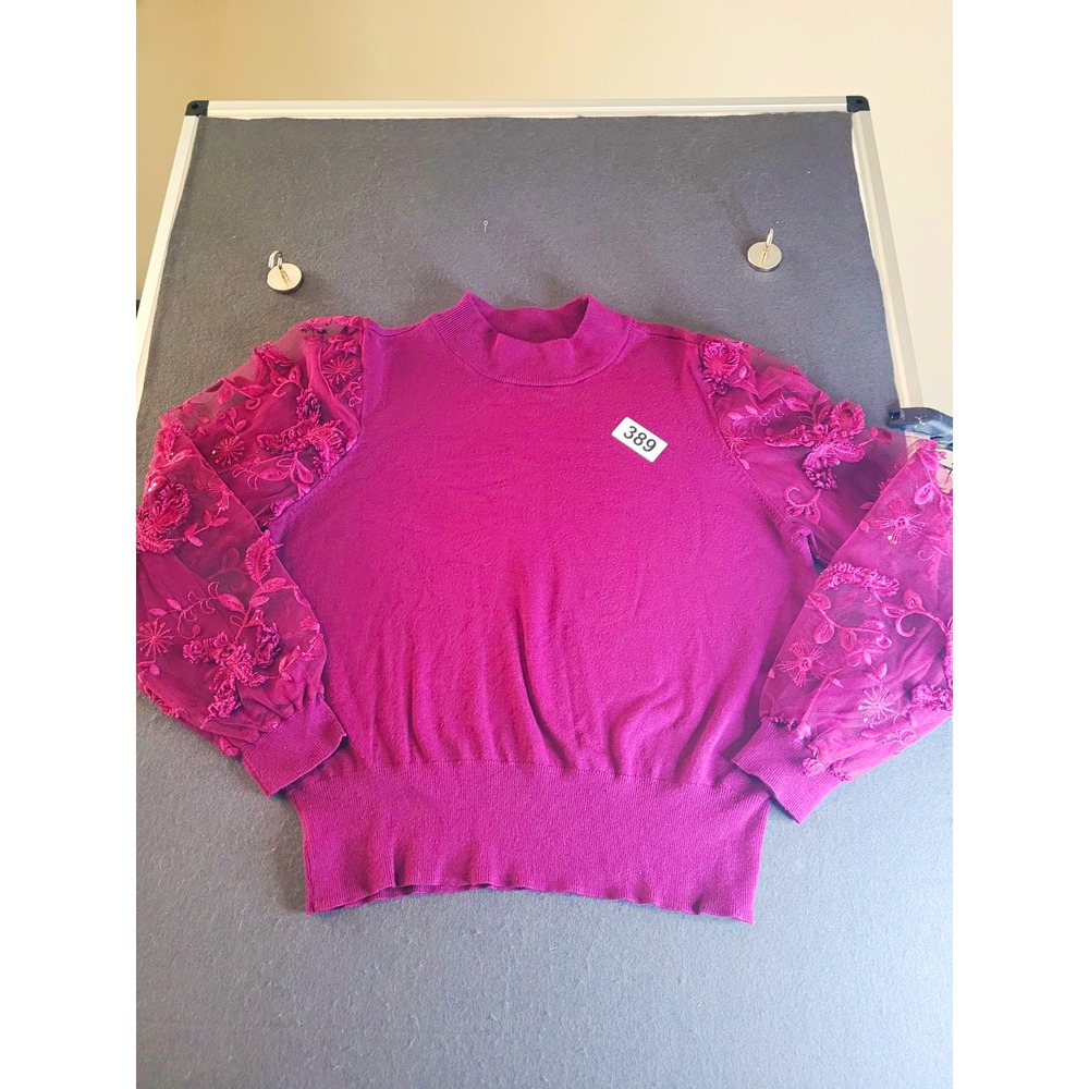 Joseph A. Purple Knit Mock Neck Pullover Sweater Floral Embroidered Sequin L